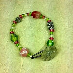 Artisan Glass Bead Bracelet Toggle Clasp Pink Green Boho Garden Fairy Celtic